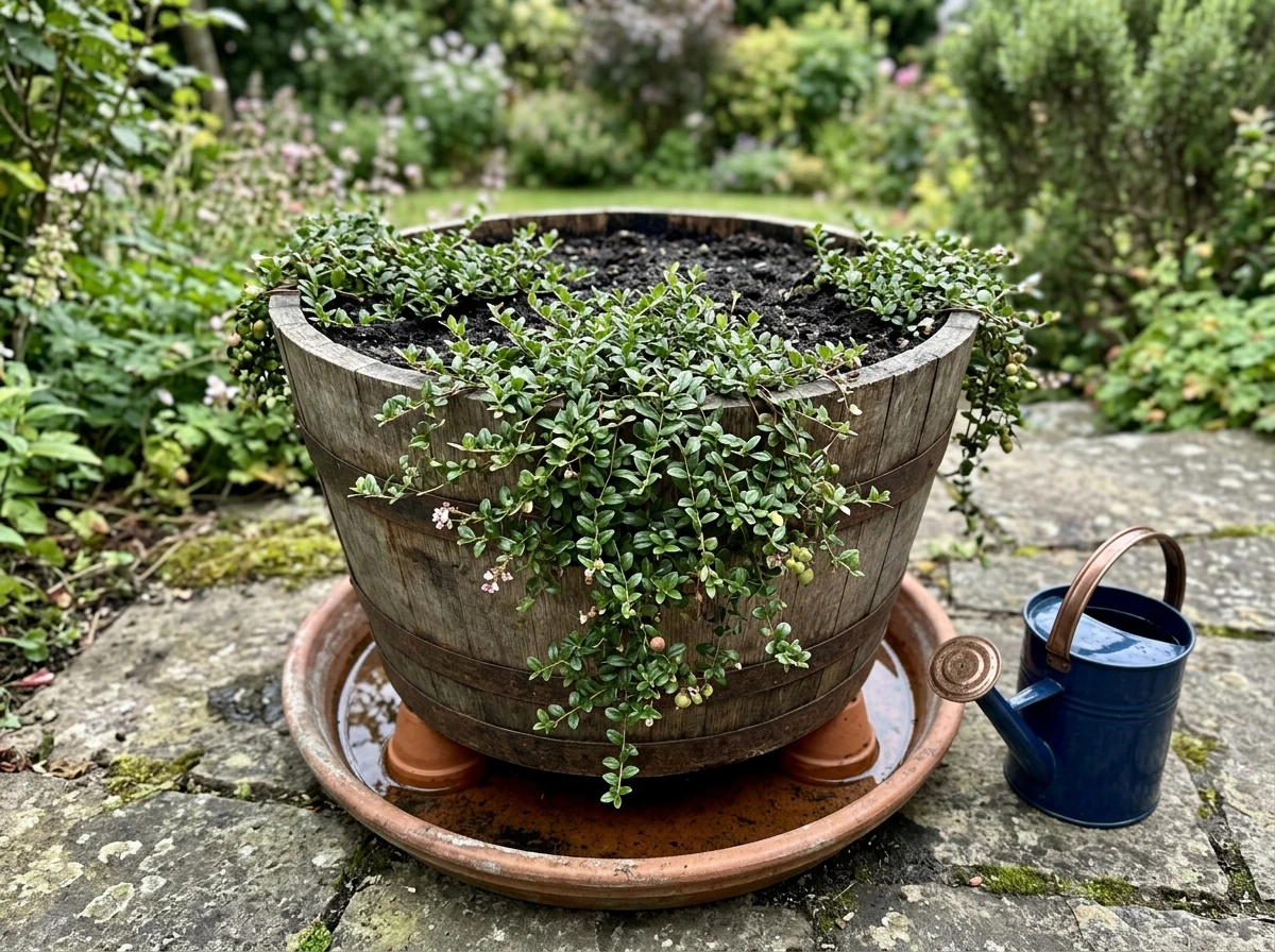 Cranberries growing in a large container with peat-based acidic mix and controlled moisture