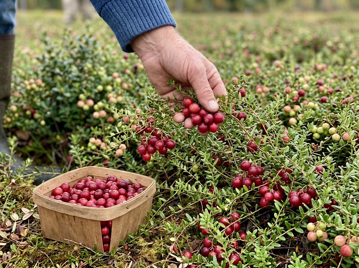 Harvesting ripe red cranberries from trailing vines