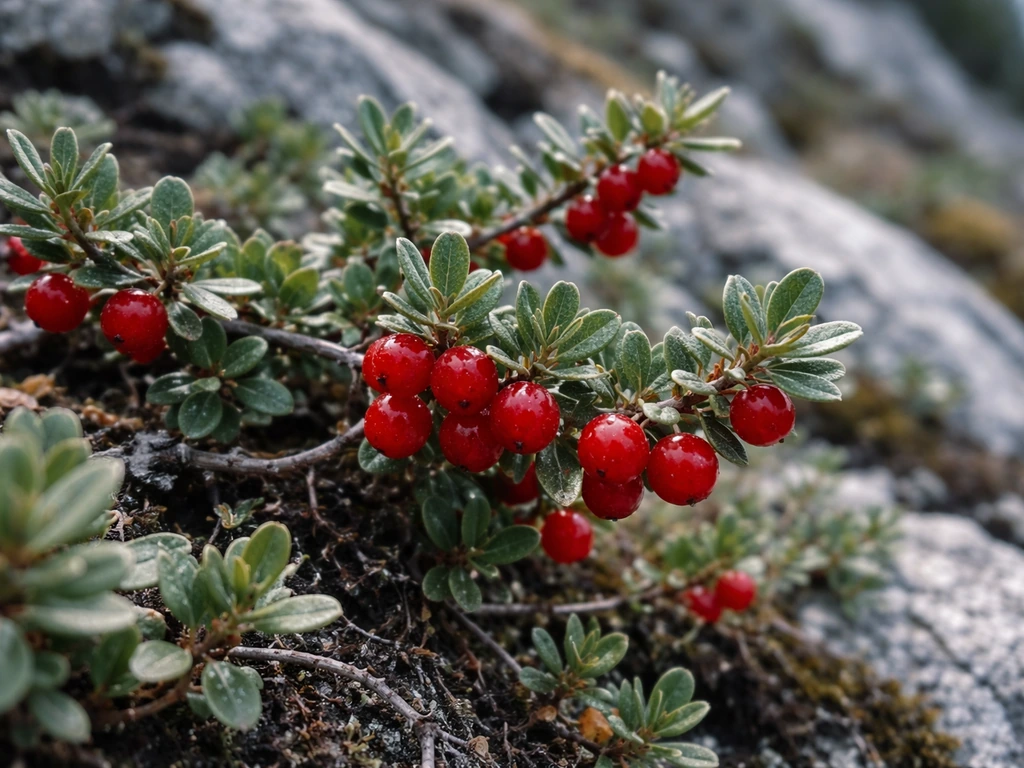 Close-up of a buffalo berry shrub with red berries on a cold rocky hillside