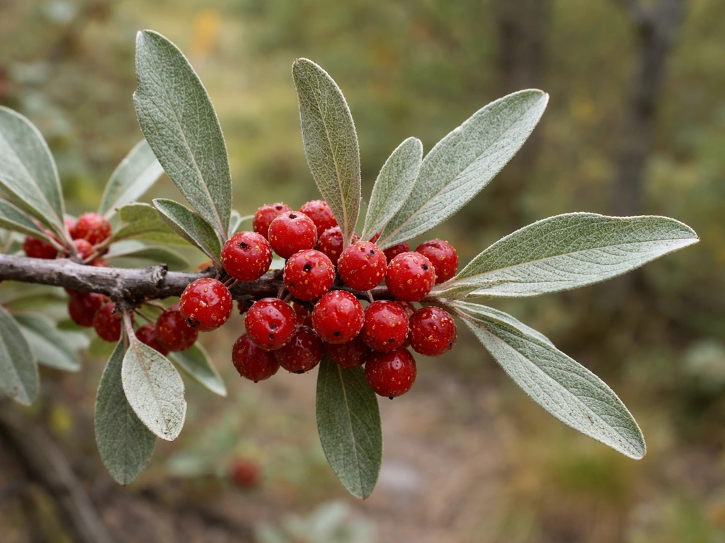 Close-up of silvery leaves and clusters of red buffalo berry (Shepherdia canadensis).