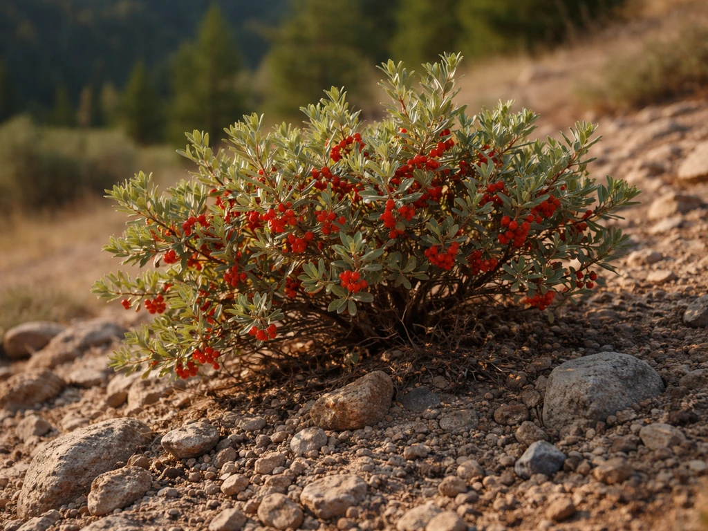 Small buffalo berry shrub with red berries growing on a rocky North American hillside slope