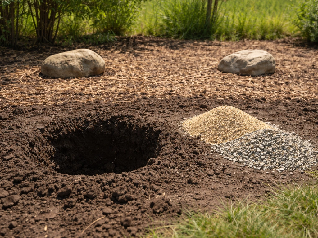 Sunlit planting hole with coarse sand and gravel amendments in a garden bed for buffalo berry