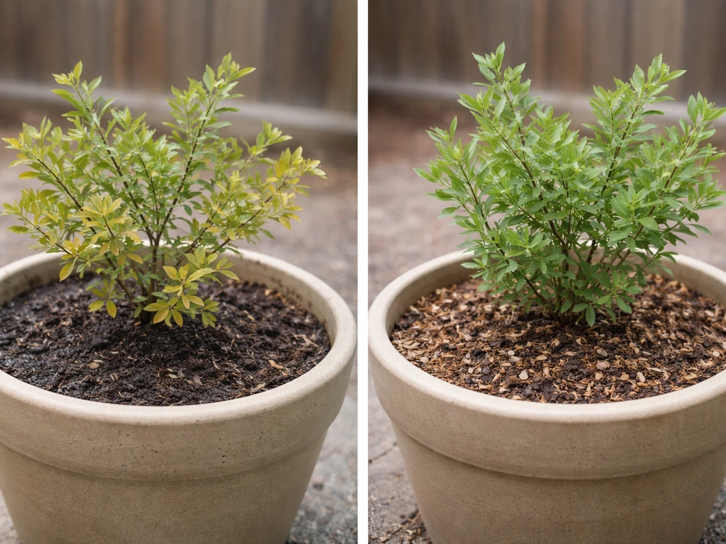 Side-by-side garden photos of buffalo berry: yellowing in soggy soil vs healthier growth after better drainage.