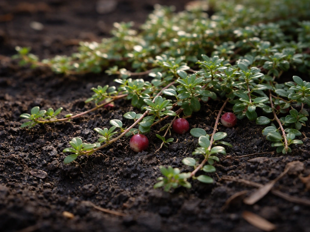 Botanical close-up of low, trailing cranberry vine runners with evergreen leaves and woody stems on soil.