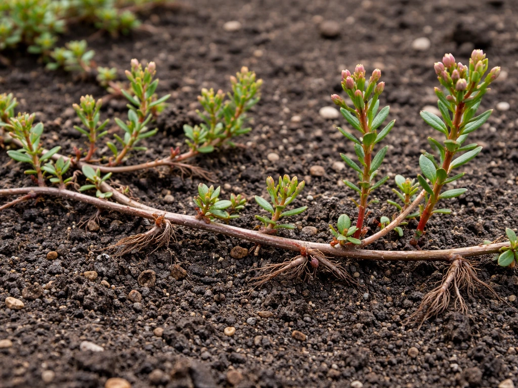 Close-up of cranberry vine runners rooting into soil with upright shoots and small blossoms