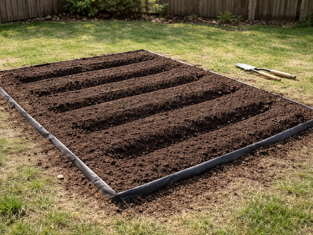 Compact backyard plot prepared for a small cranberry bed with moist soil base and shallow planting rows.