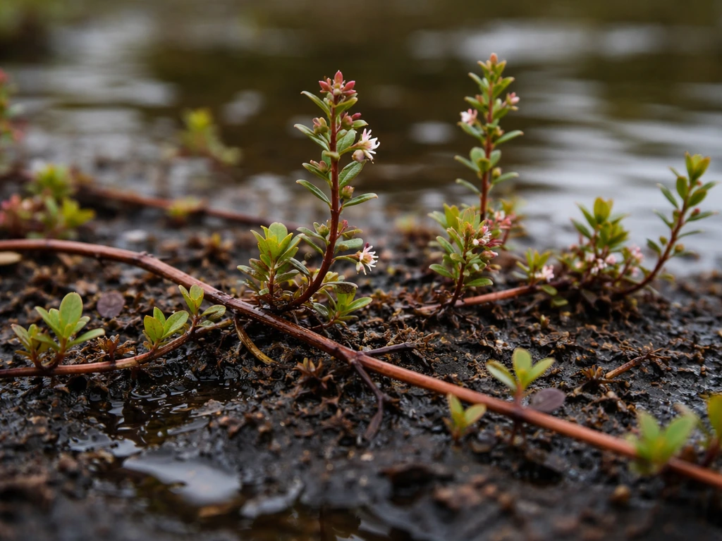 Close-up of cranberry vines in a bog: trailing runners with upright stems and small flowers