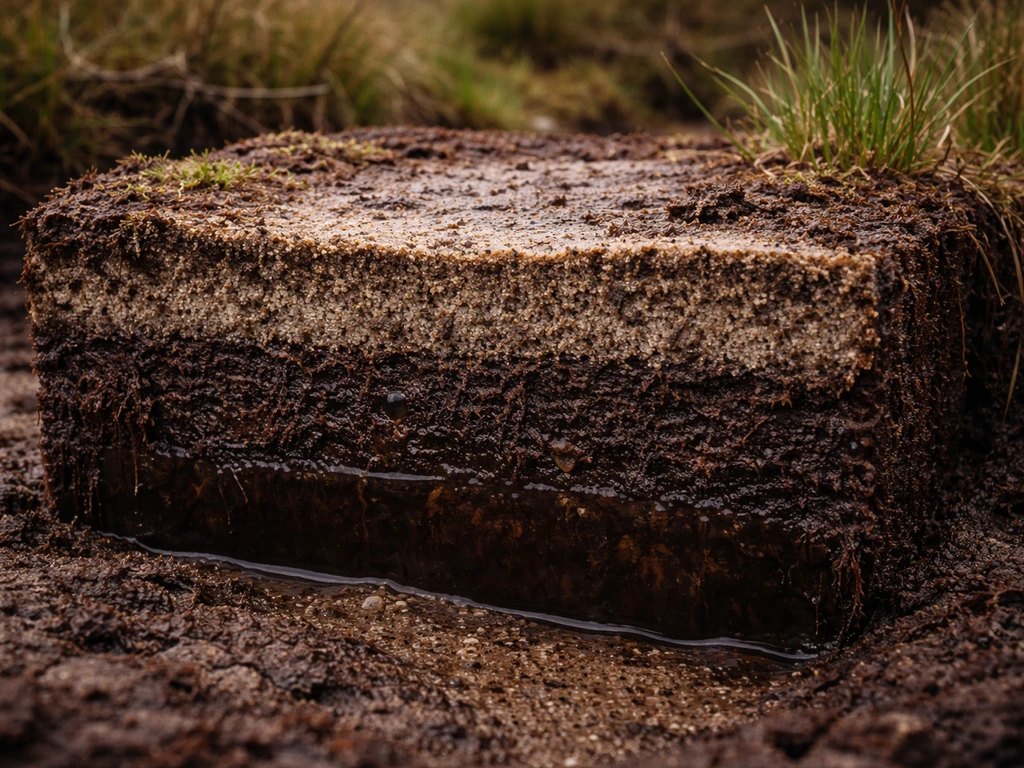 Close-up cutaway of a bog showing moist peat near the surface and darker saturated layers below