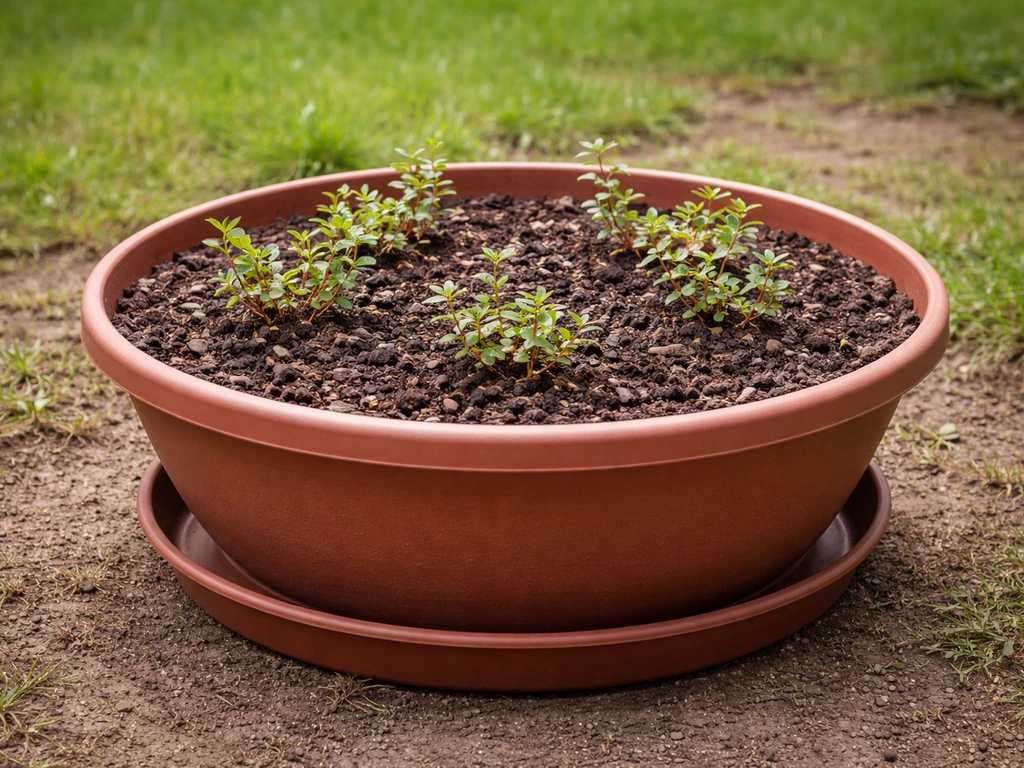 Large shallow container filled with acidic growing mix and a cranberry plant, with moisture-retaining tray underneath.