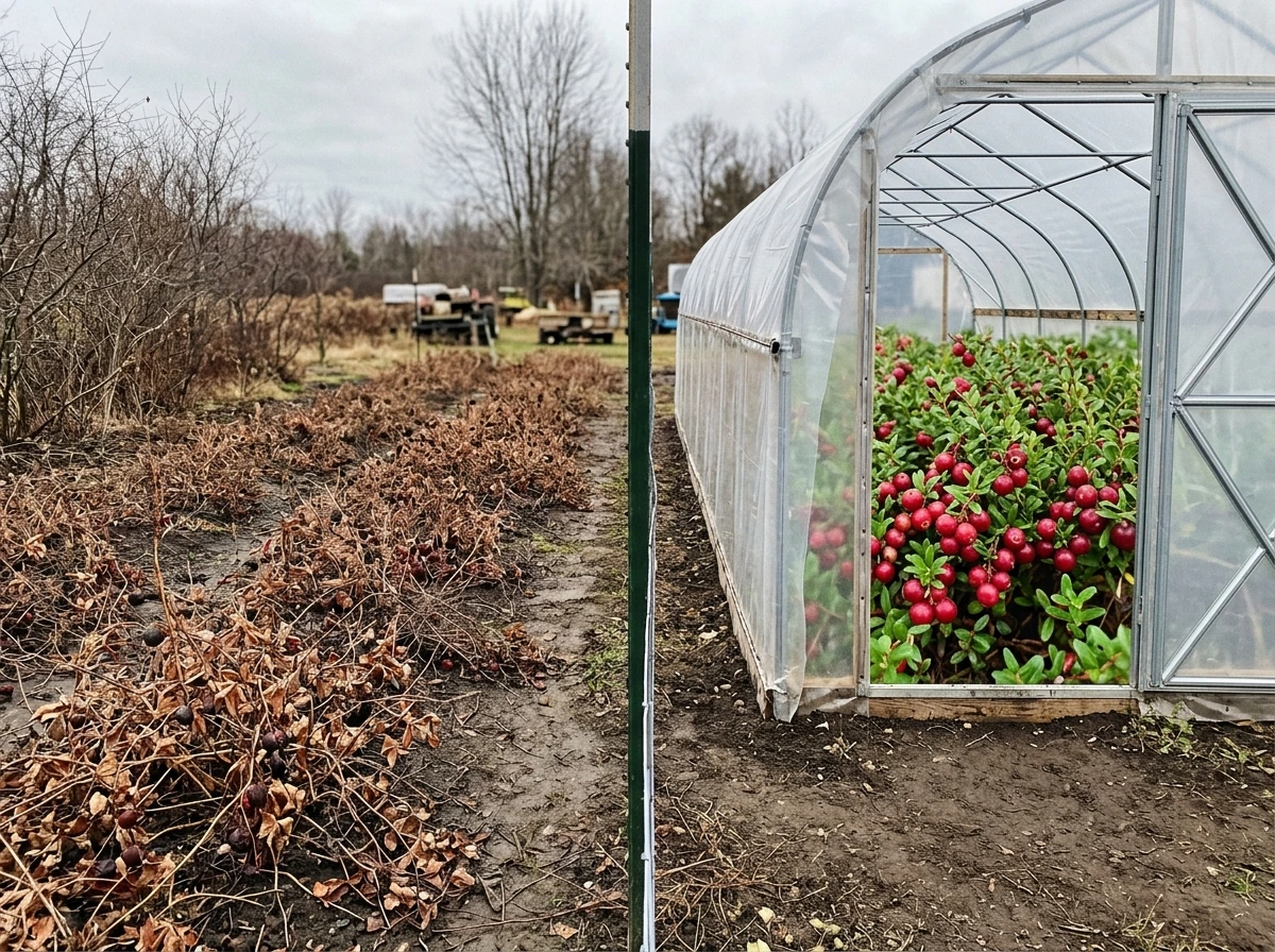 Outdoor cranberries withering at season end while greenhouse cranberries keep growing