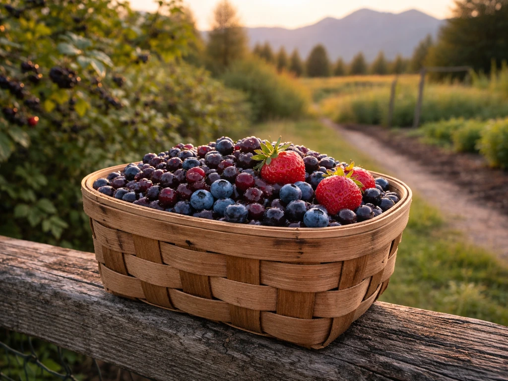 Fresh mixed berries in a rustic Montana garden with distant mountains at golden hour.