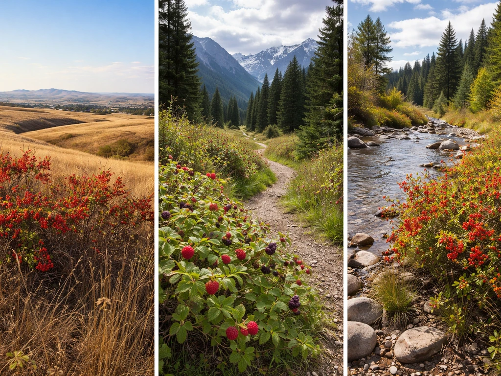 Three contrasting Montana landscapes—plains, mountain valley, and riverbank—each with berry shrubs in view.