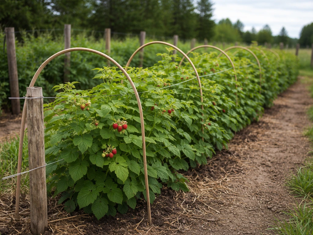 Close photo of healthy raspberry canes on a simple trellis with a protective windbreak outdoors in Montana.