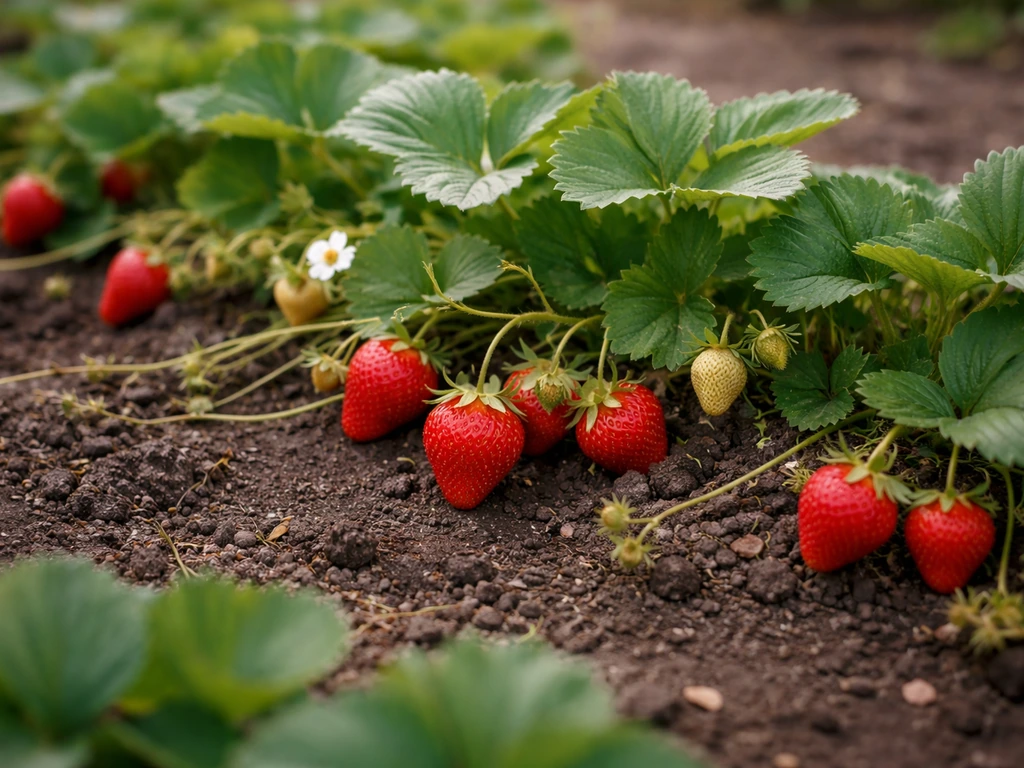 Close-up of strawberry plants with low runners on soil, showing ground-covering growth habit