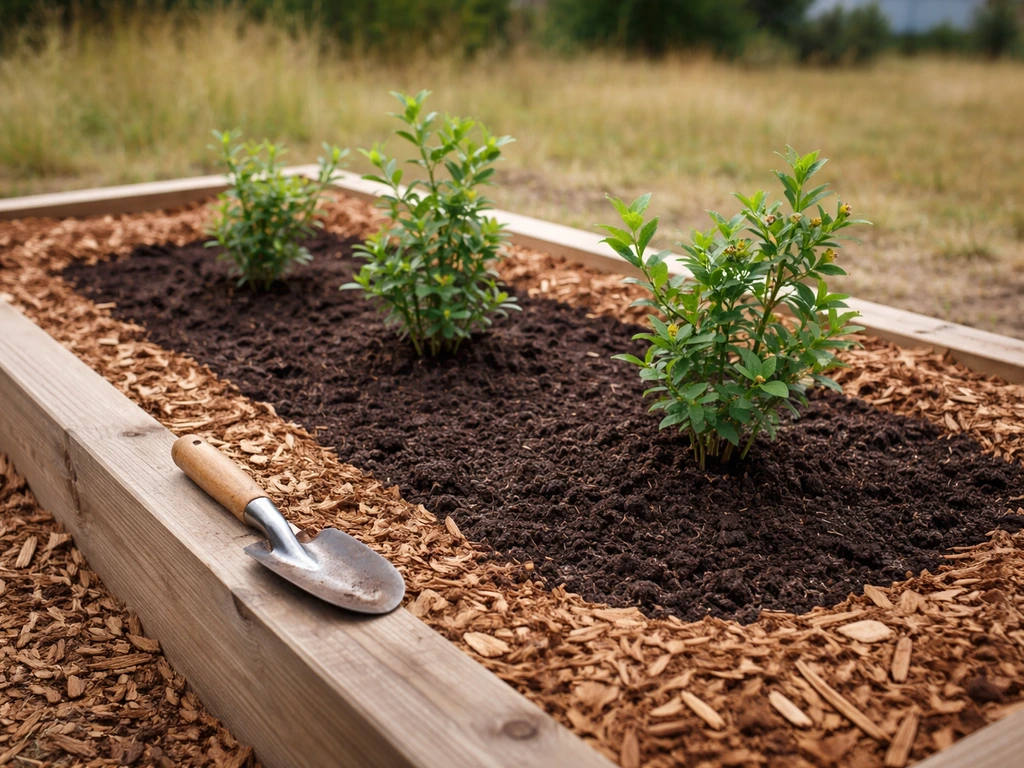 Blueberry plants in a raised bed with amended soil and dark mulch, showing acidic-soil remediation.