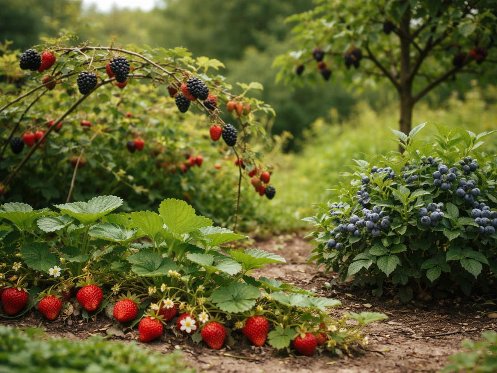 Orchard garden with berries on a vine, canes, shrub, and small tree, berries in sharp focus at different heights