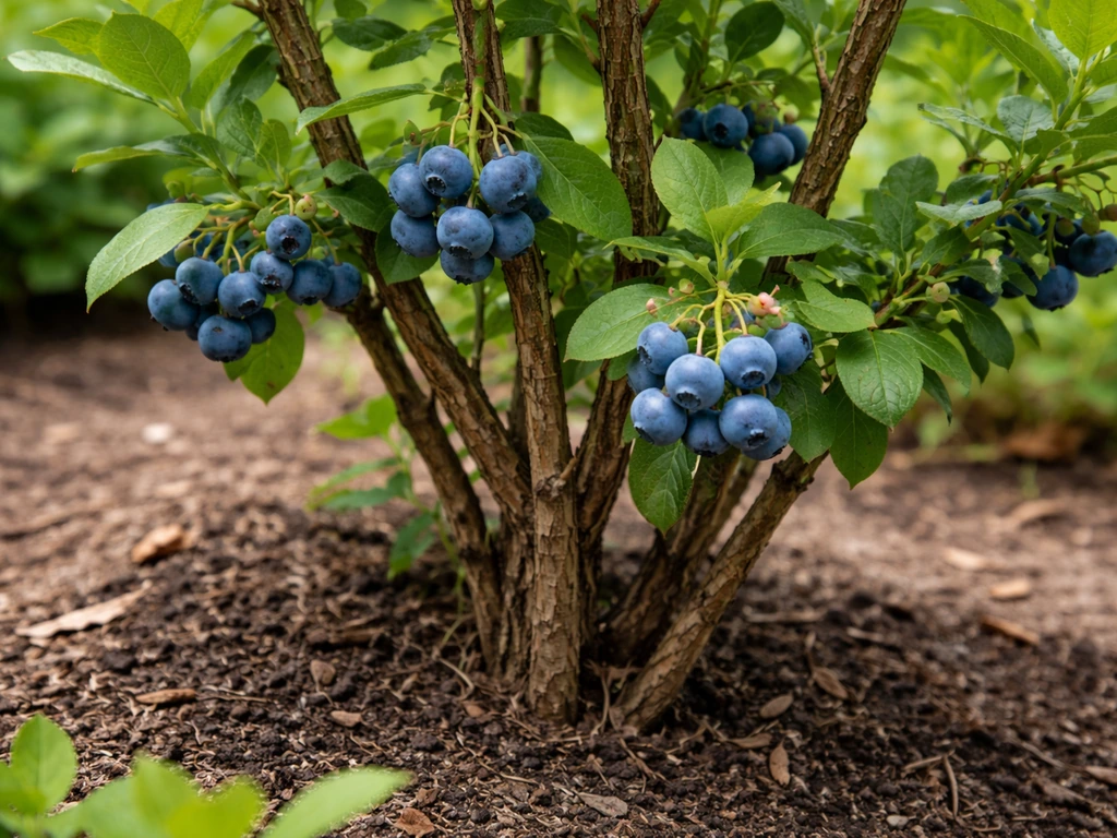 Close-up of a blueberry shrub with woody branches, green leaves, and ripe blue berries visible