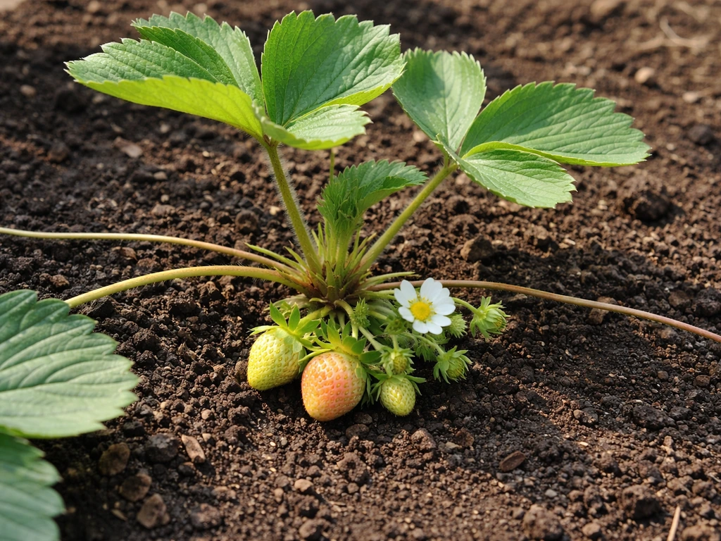 Strawberry plants showing the crown at soil level with runners and small developing fruit nearby.