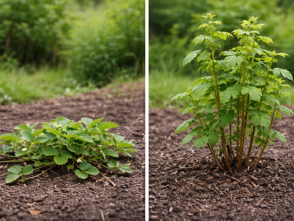 Two berry plants in a simple outdoor yard showing runner crown versus upright woody canes.