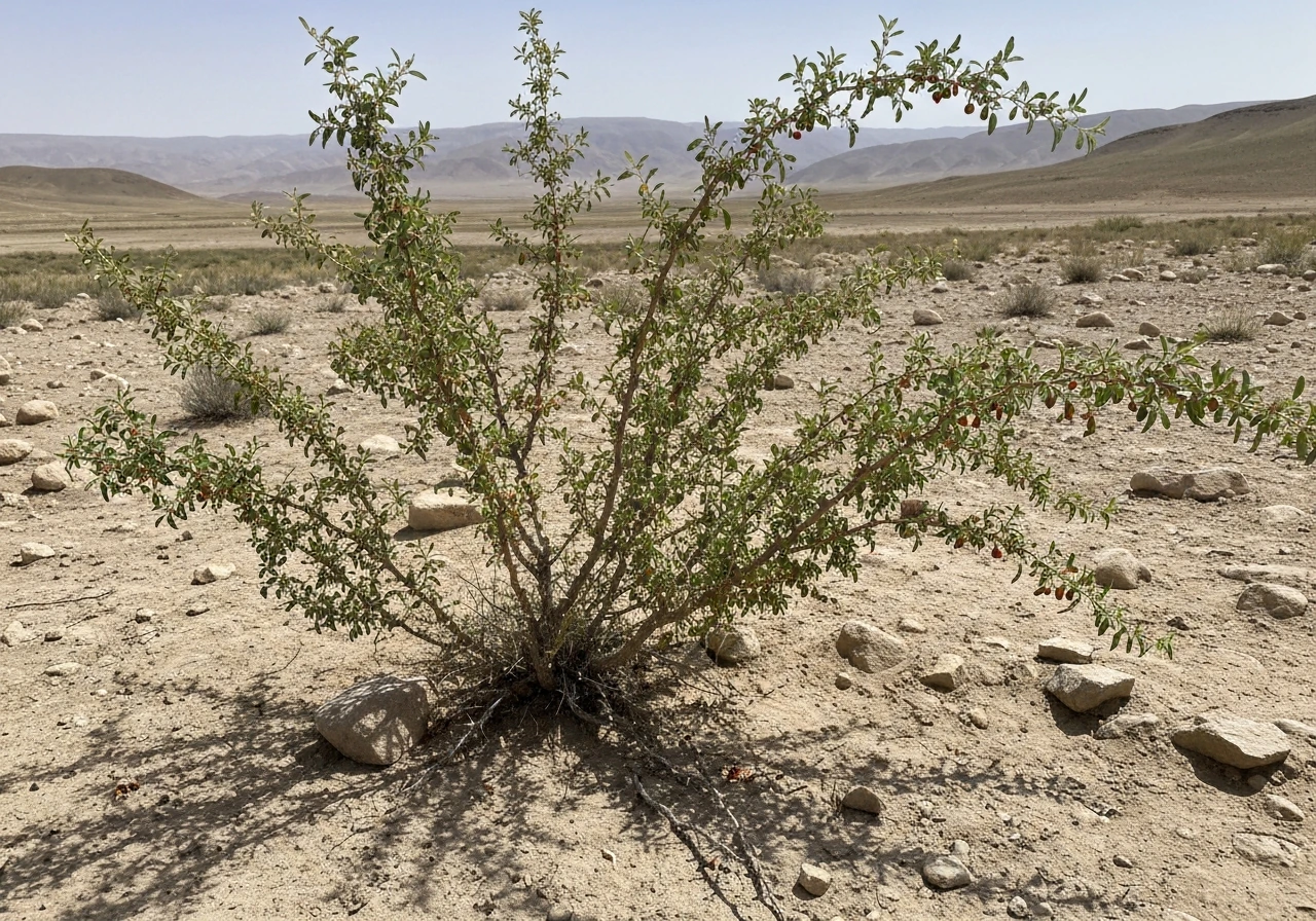 Sprawling Lycium barbarum goji shrub growing in a dusty semi-arid plateau landscape