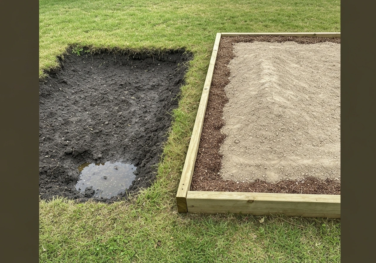 Split view of a low, damp spot versus a raised bed with lighter, well-draining soil.