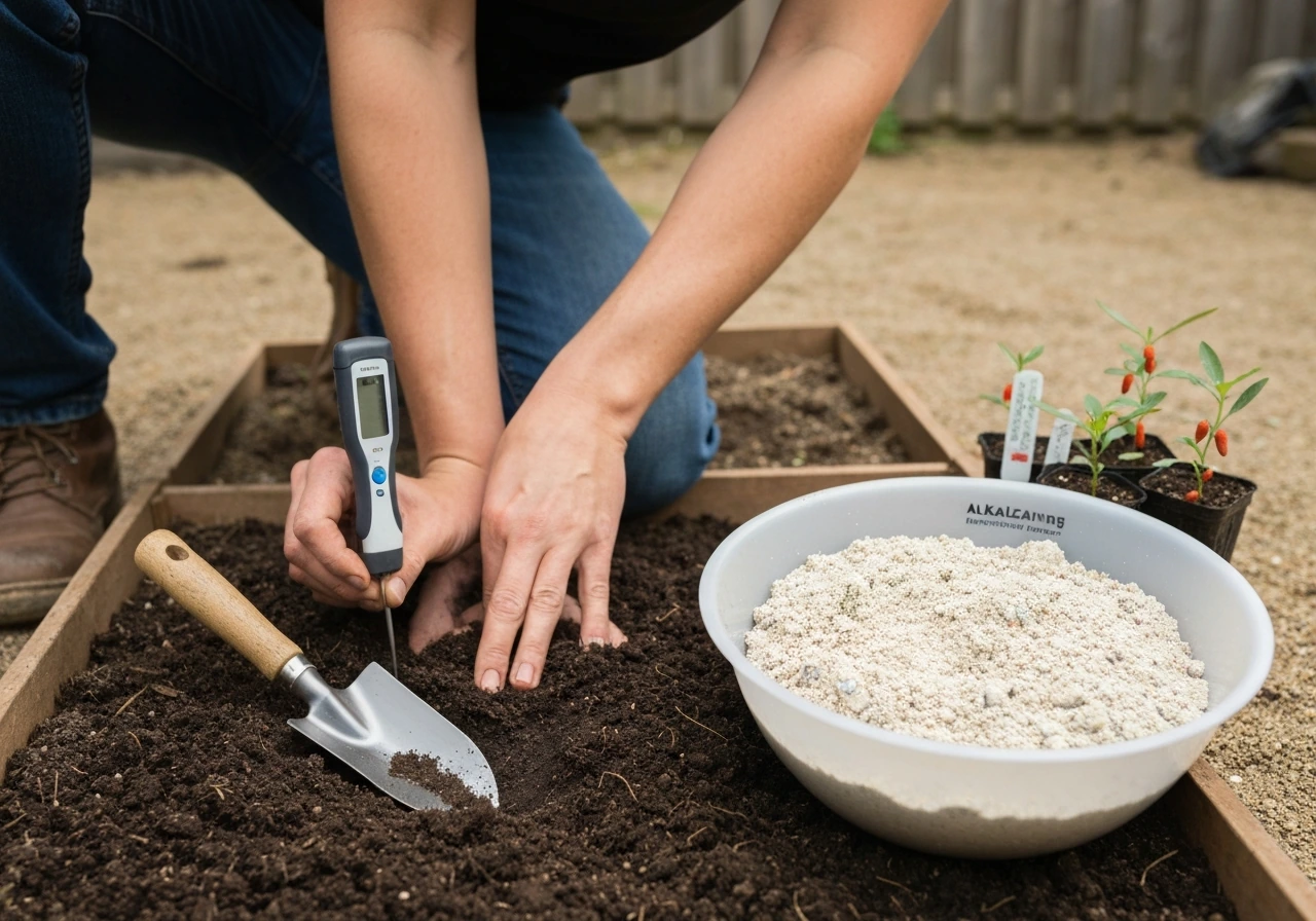 Gardener measuring soil pH and preparing an alkaline planting mix in a small outdoor bed