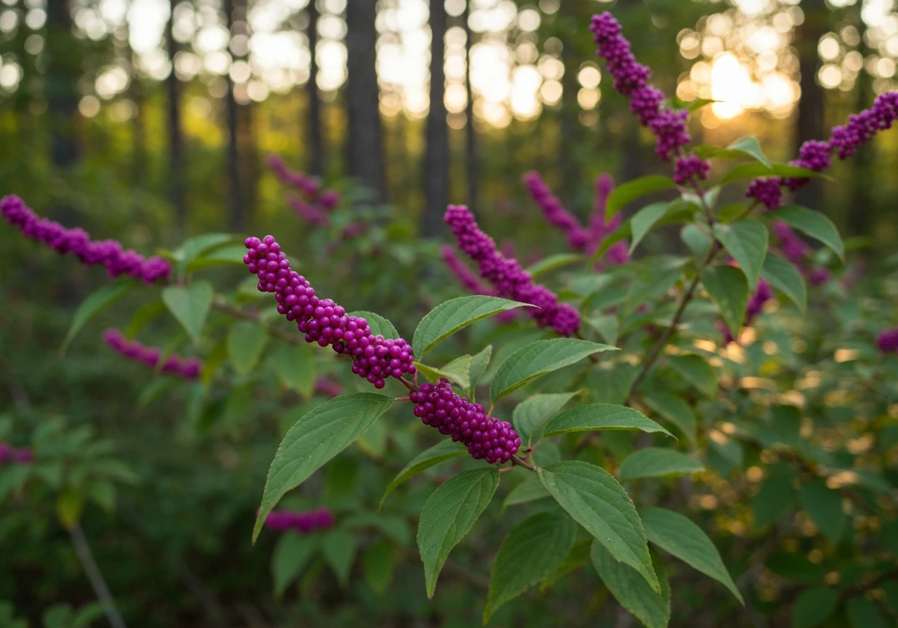 Vivid magenta-purple beautyberry fruit clusters on a shrub in a sunlit Southeastern woodland edge.