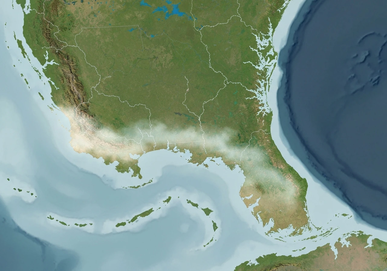 Satellite-like view of the southeastern U.S. with a subtle highlight band from Maryland to Florida and into Texas.