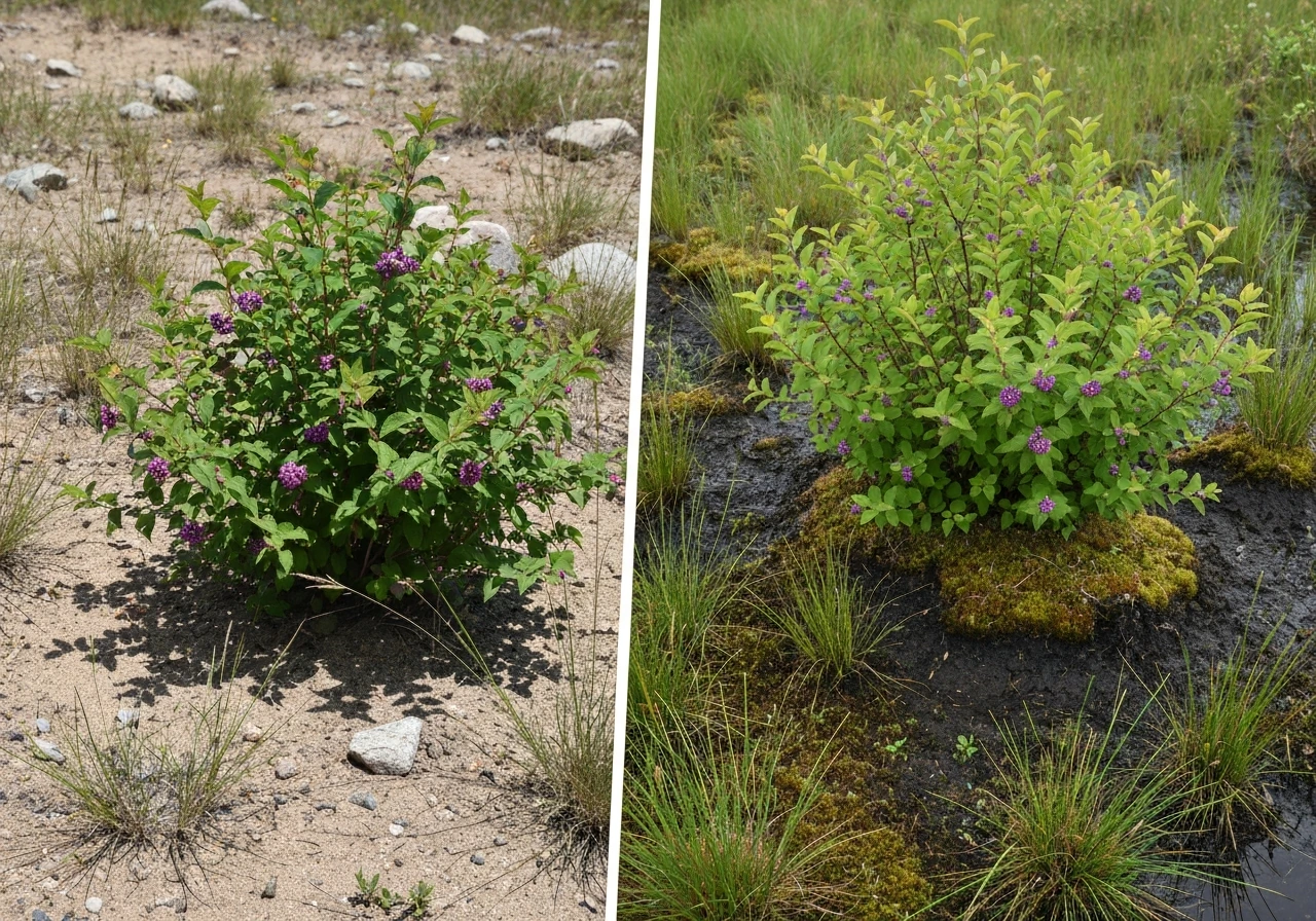 Beautyberry shrubs thriving in a dry upland garden and a moist wetland-edge side-by-side.