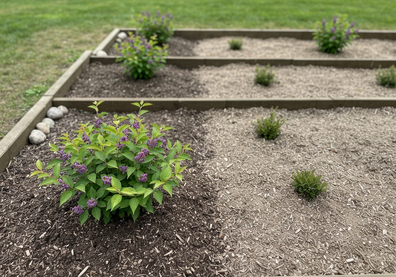 Beautyberry shrubs in a landscaped bed showing wetter and drier zones with mulch and soil contrast.