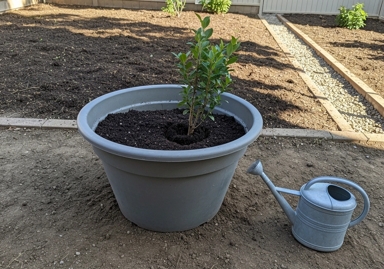 Large planter with newly planted shrub in a sunny-shaded garden area with visible drainage.