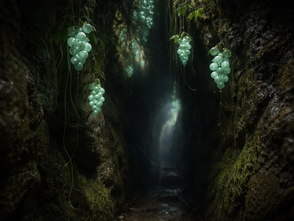 Lush cave corridor with downward-hanging vines bearing glowing berries in a soft bioluminescent glow.