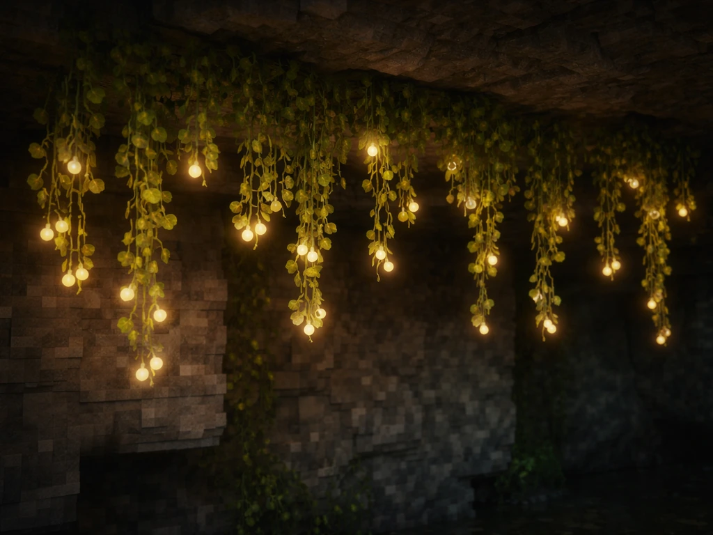 Minecraft-style cave vine underside wall with glow berries hanging from the vine tips.