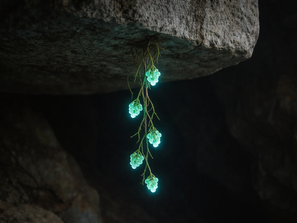 Close-up of a cave vine with glowing berries hanging from the underside of a solid block in a dim Minecraft-like cave.