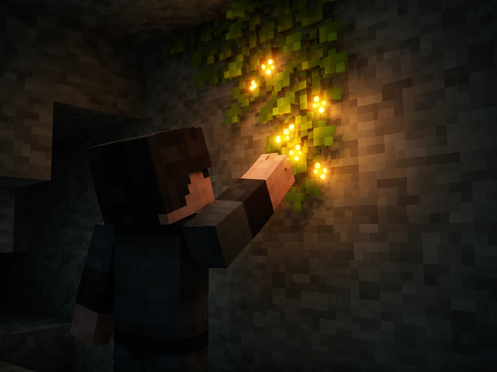 Minecraft player harvesting glow berries at vine tips in a dim cave.
