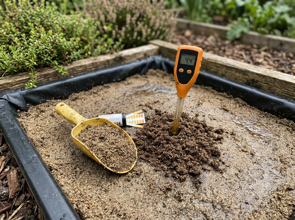 Sand–peat acidic mix in a lined bog-style bed with pH test for cranberries