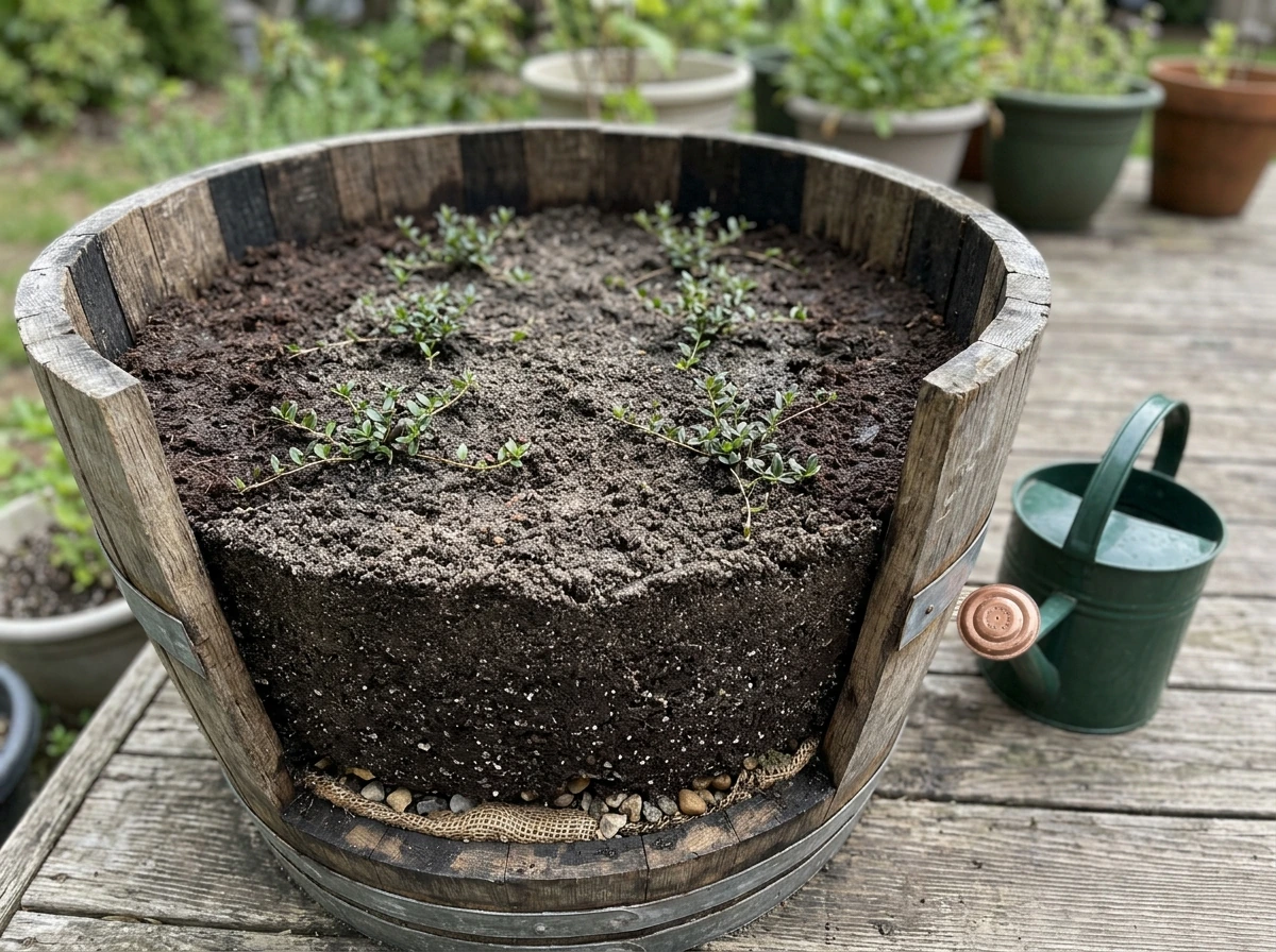 Small cranberry plants spaced in a sand–peat filled barrel container