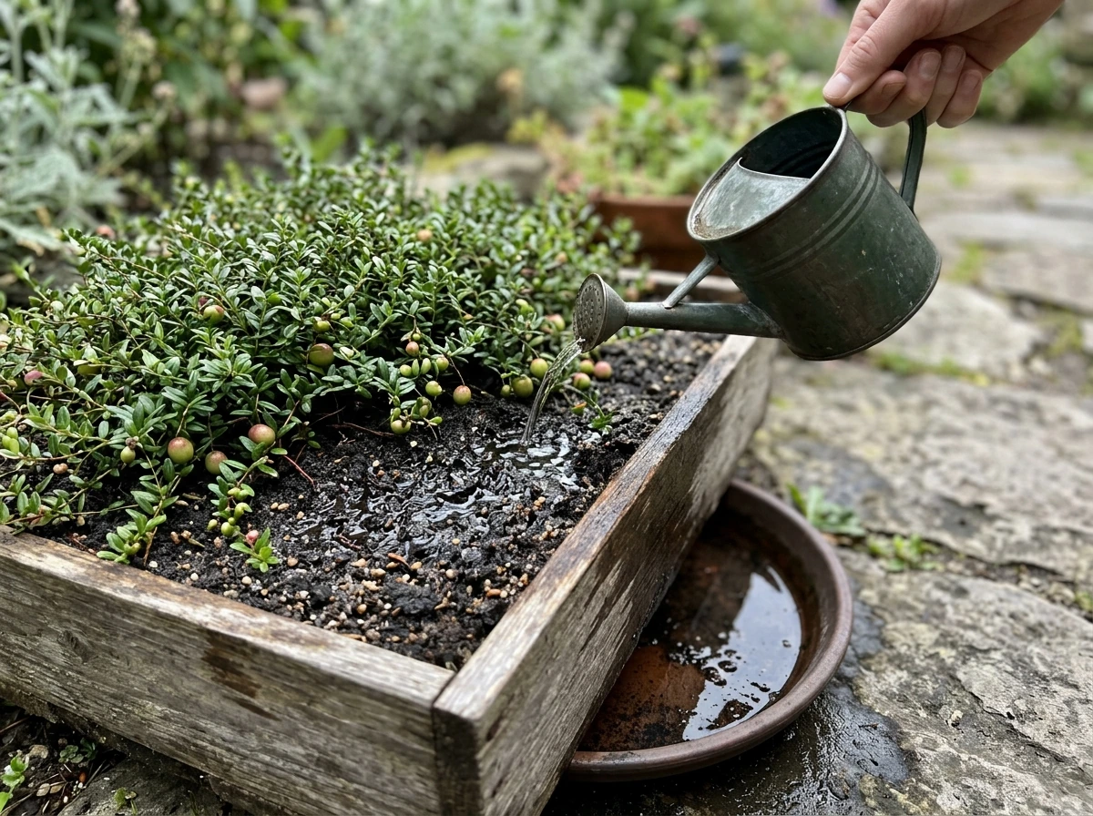 Pouring water to keep sand–peat cranberries consistently moist