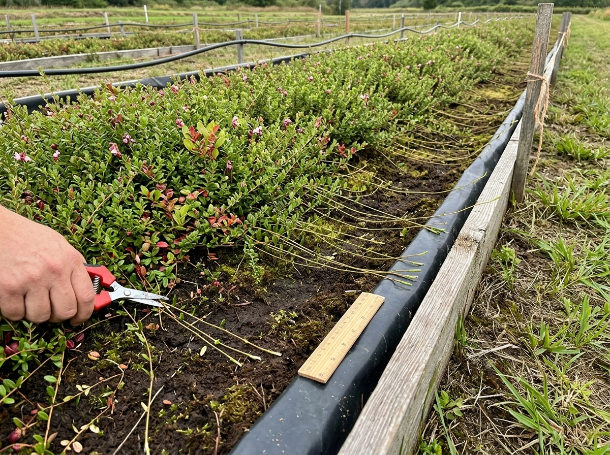 Cranberry runners spreading inside the bed with trimmed edges