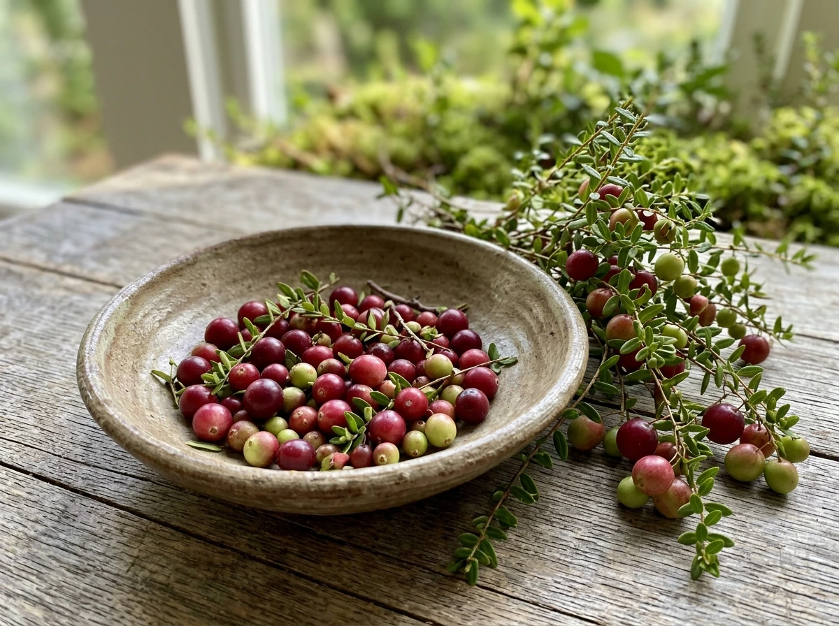 A small harvest bowl of red cranberries with cranberry foliage nearby