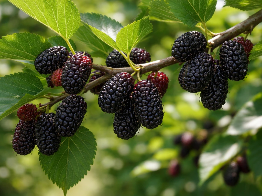 Mulberry tree branches with ripe, dangling mulberries close-up in natural light