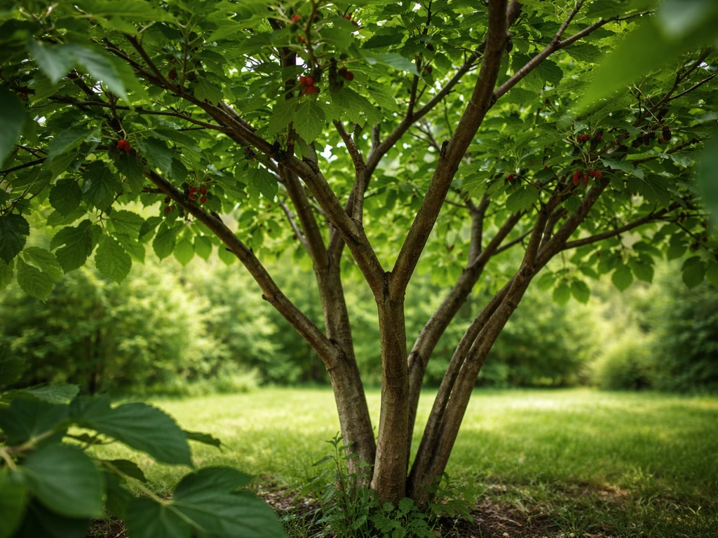 Close view of a mulberry tree’s leafy branches, showing it grows as a tree