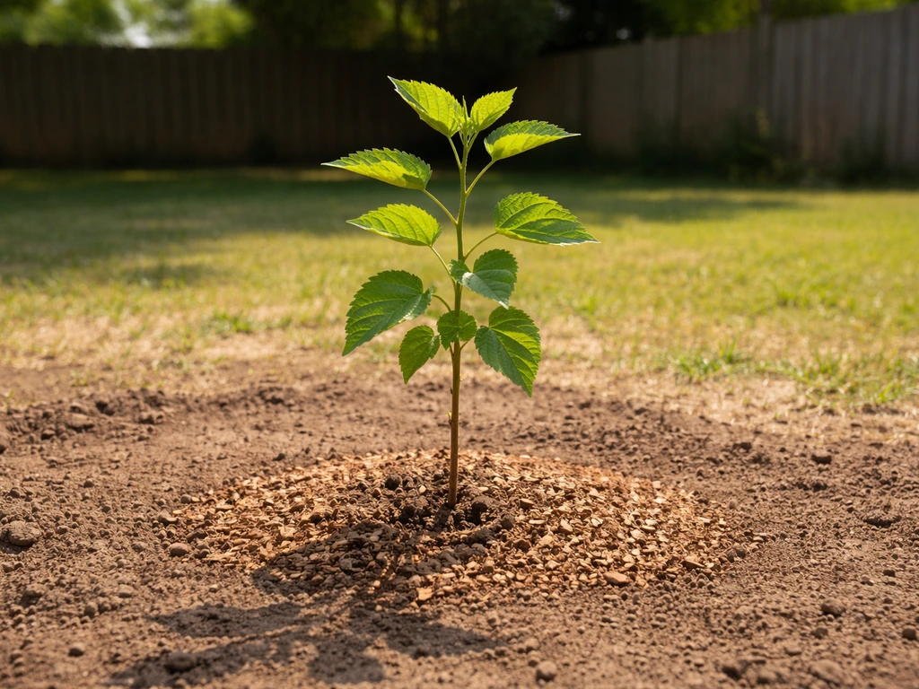 Young mulberry sapling in full sun with well-drained soil and open growing space