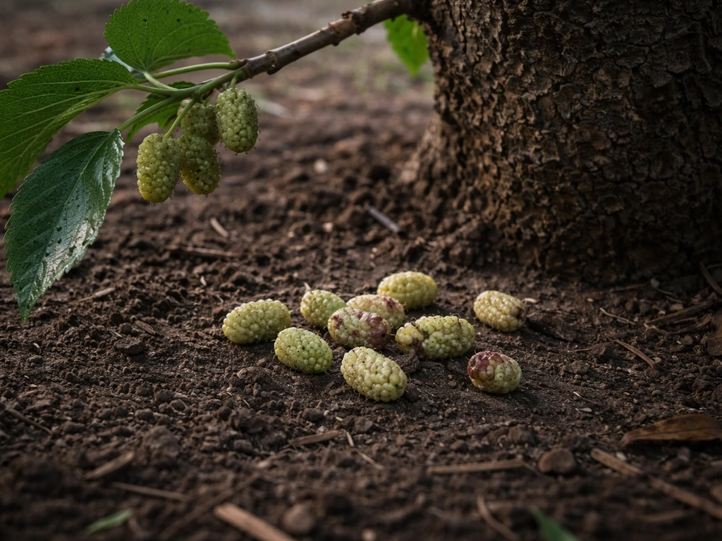 Unripe mulberries fallen on soil with a mulberry branch showing premature fruit drop.