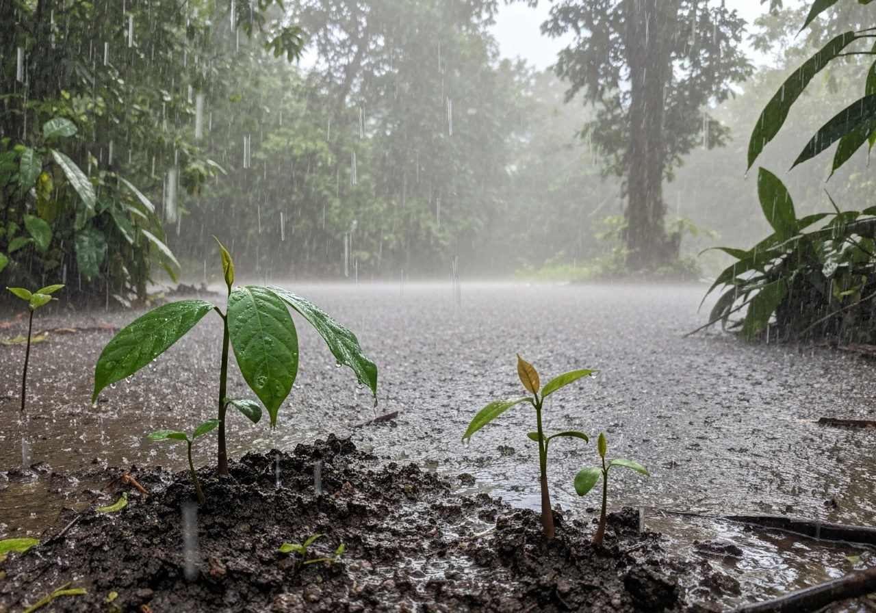 Acai palm seedlings in a rainforest clearing with heavy rain and misty humidity
