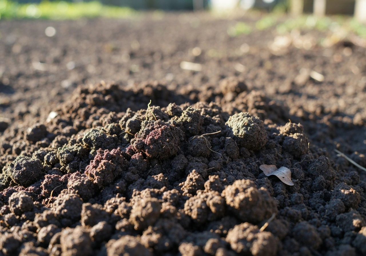 Close-up of dark, moist humus-rich soil with leaf bits, suggesting acidic, organic-rich conditions.