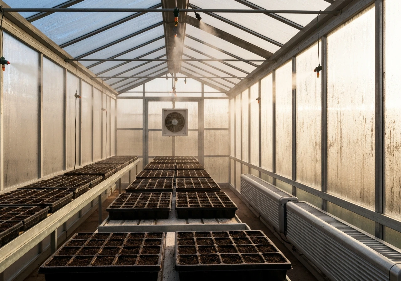 Warm frost-free greenhouse interior with misting setup and seedling trays on benches.