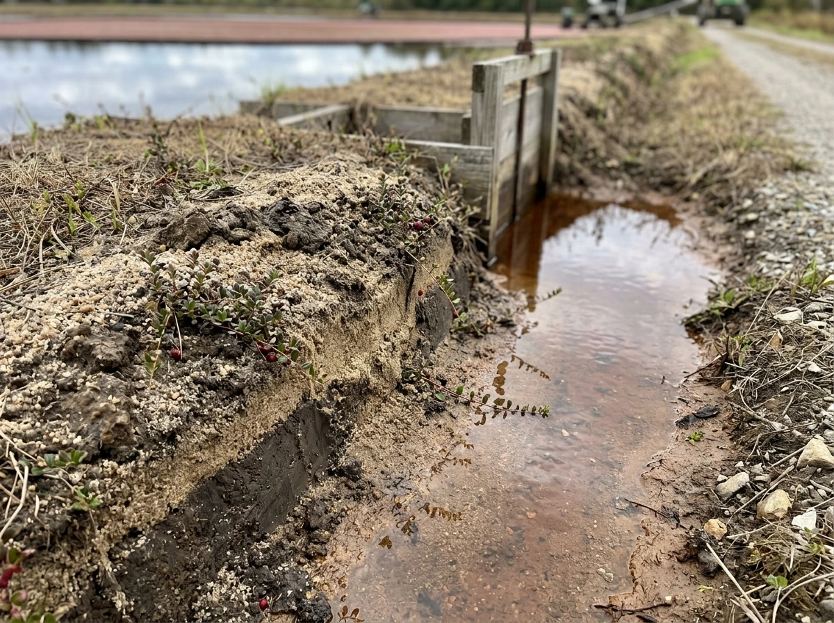 Close view of cranberry bed root zone using coarse sand and controlled shallow moisture