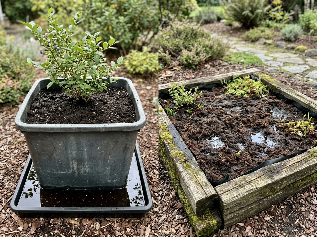 Two garden setups side by side comparing container and in-ground wet acidic conditions
