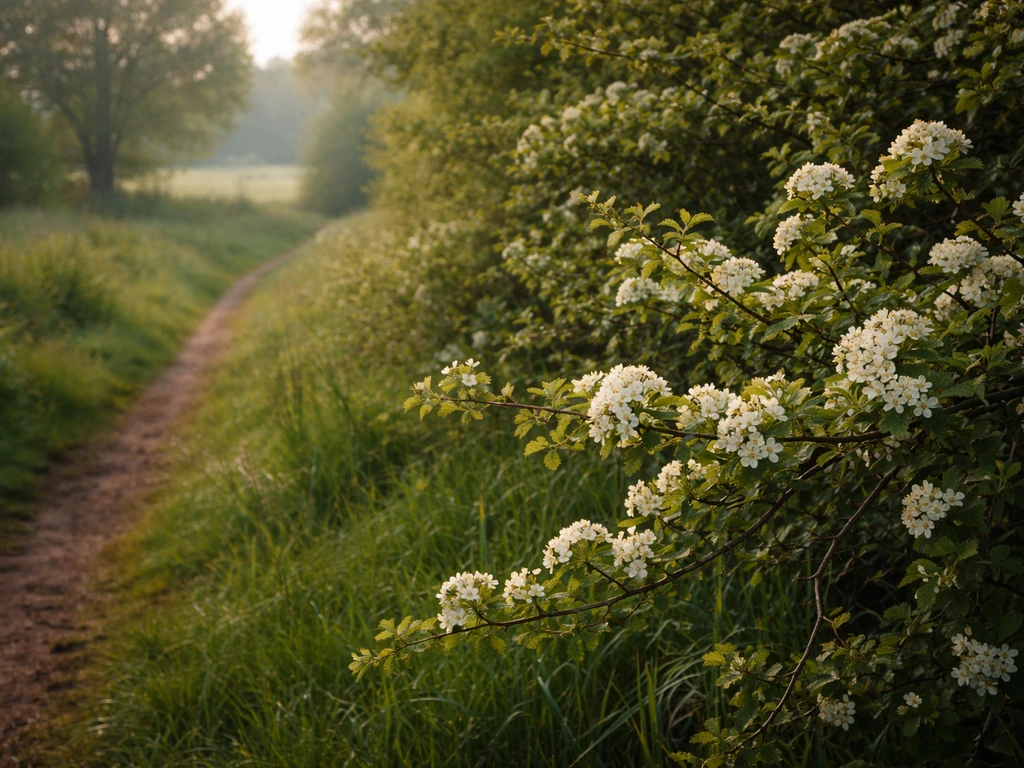 Wild hawthorn bushes with pale blossoms along a rural path in a temperate European hedgerow.